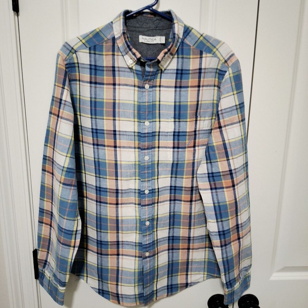 Nautica Men's Long-Sleeve Classic Fit Plaid Striped Button-Down Shirt Size Large